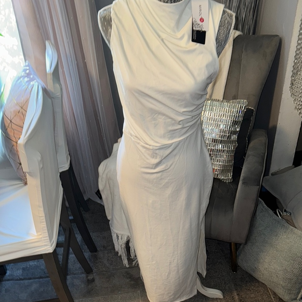 Cream Sheath Midi Dress with Cowl Neck